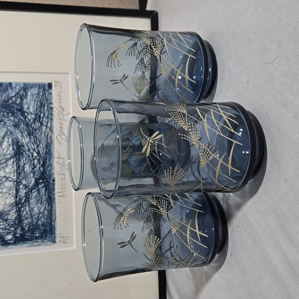 Vintage Libbey Dragonfly Dusky Blue Set Of Four Juice Glasses.